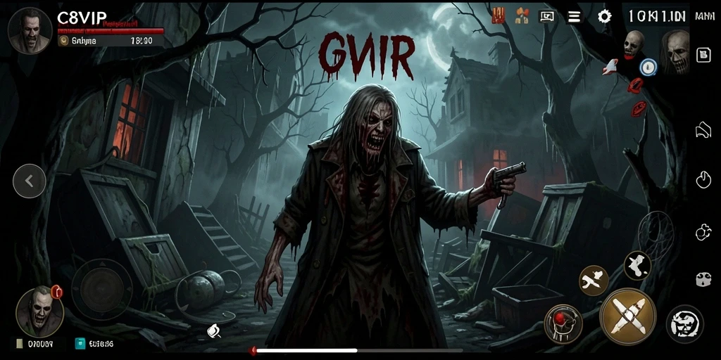Screenshot gameplay dari C8VIP menampilkan momen mencekam di dunia horor.