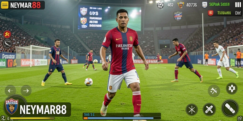 Screenshot gameplay NEYMAR88 yang menampilkan momen seru pertandingan sepak bola.